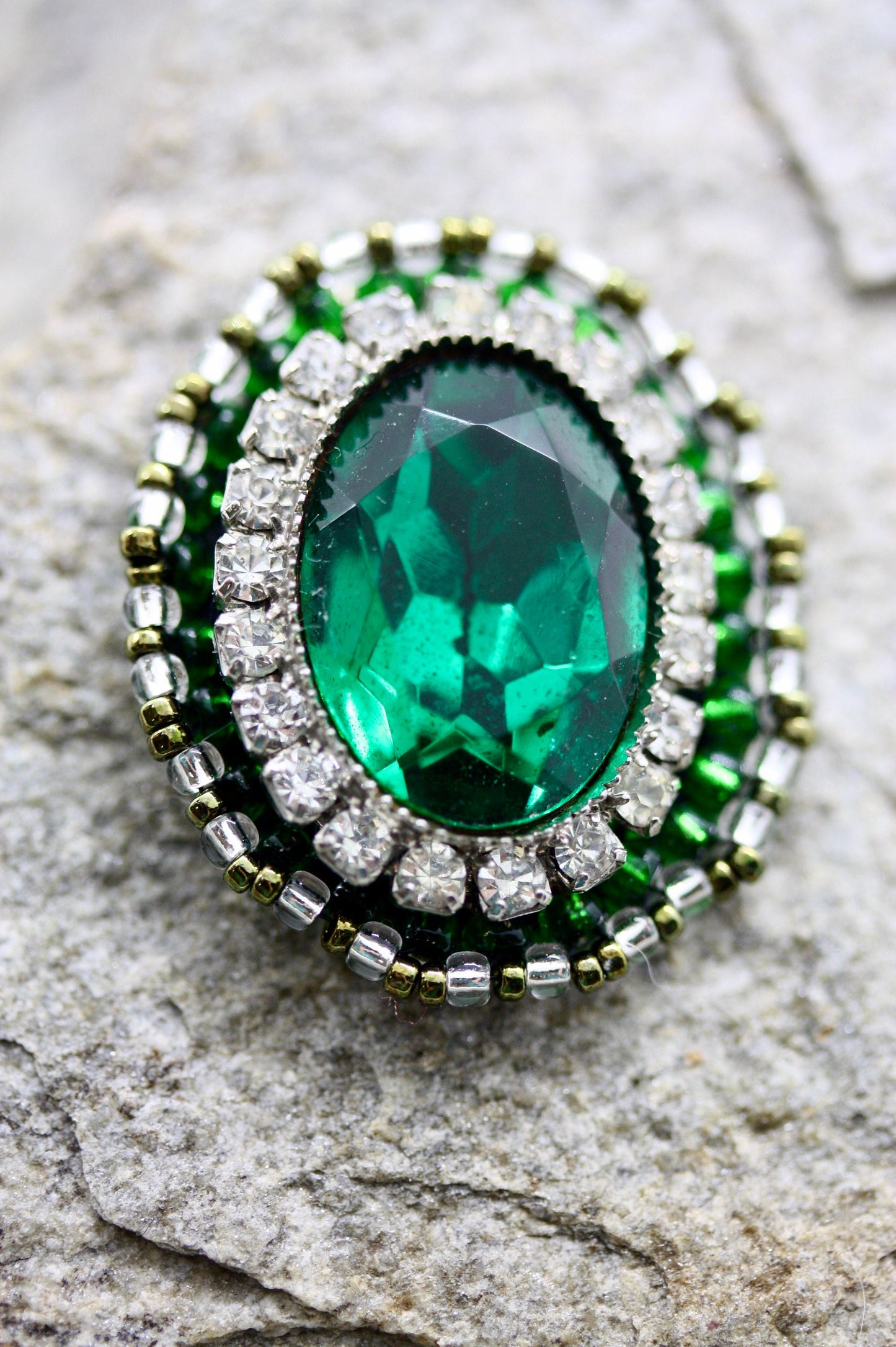 Handmade. mixed material and beadwork emerald green and rhinestone - necklace pendant