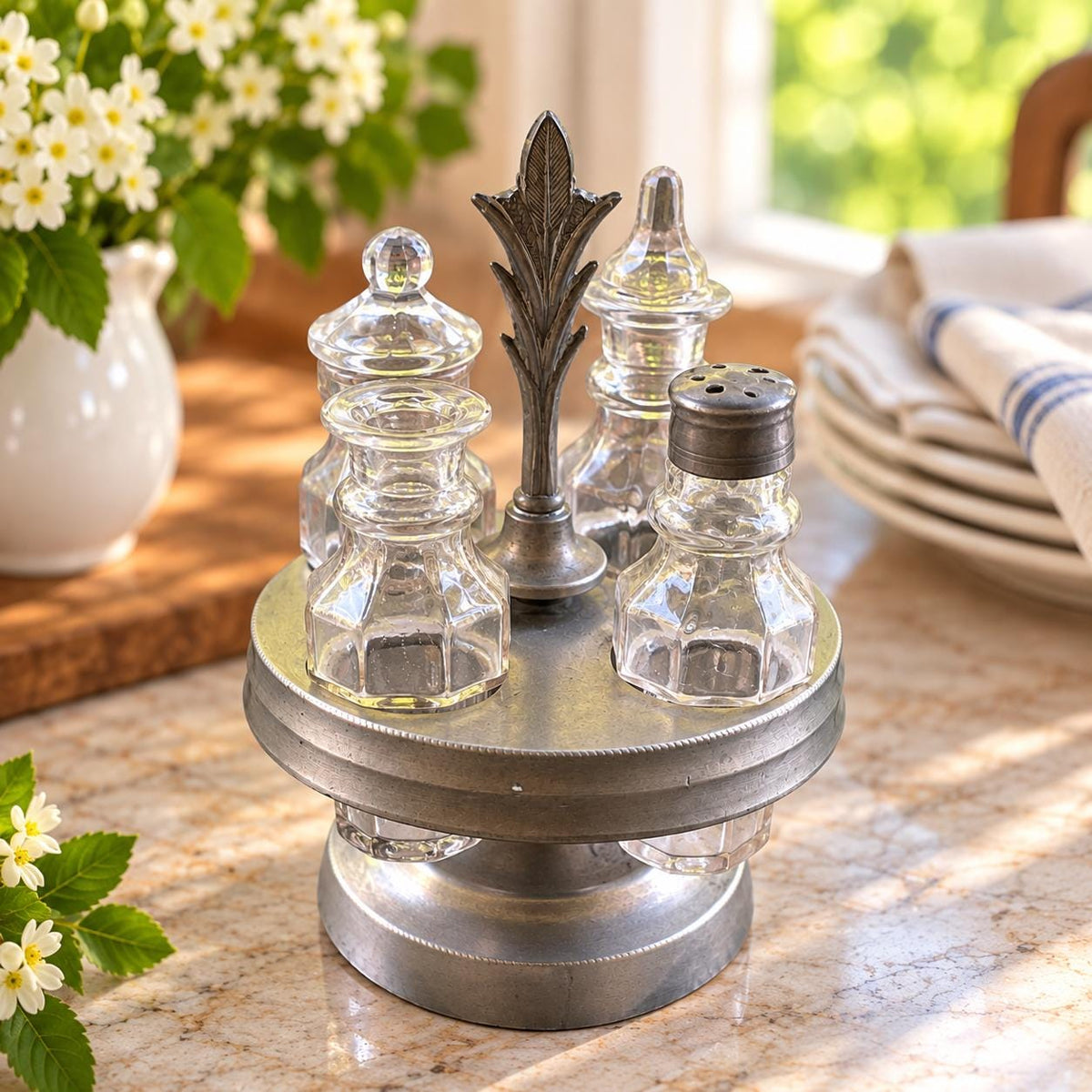 Vintage Glass Cruet Set with Metal Carousel Stand | 4 Piece Condiment Set | Salt Pepper Oil Vinegar Tableware