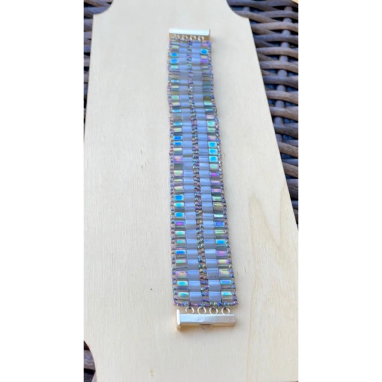 Stunning vintage silver and opalescent white glass tile hand bead woven vintage beadwork bracelet