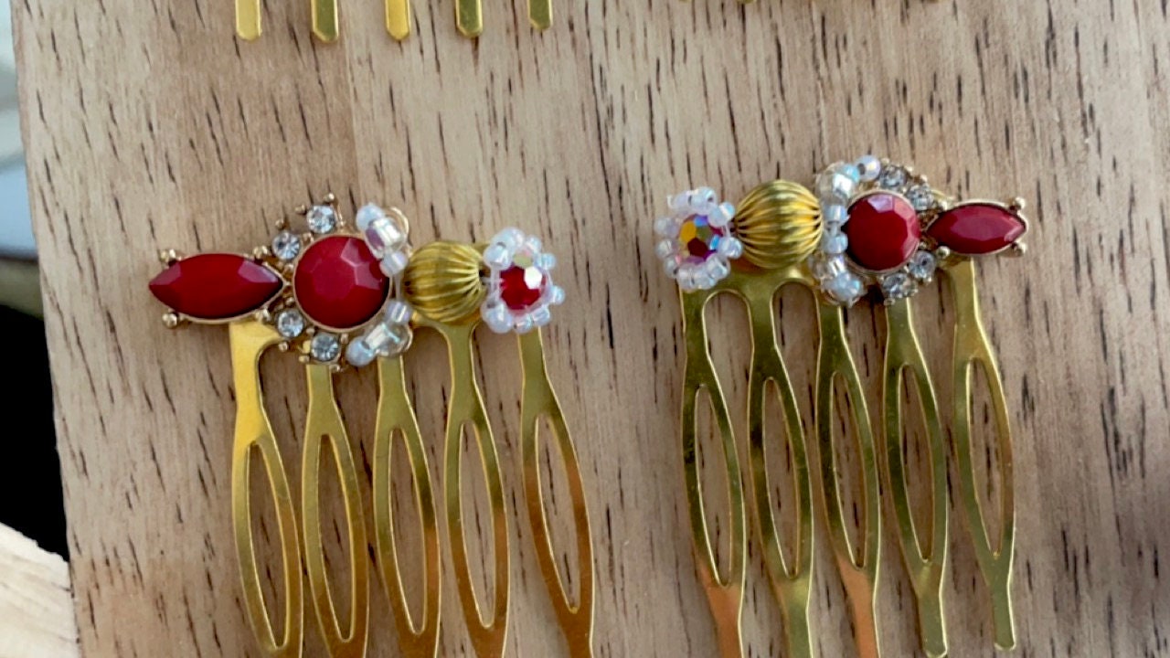 Pair of handmade beadwork and rhinestone mini metal hair combs