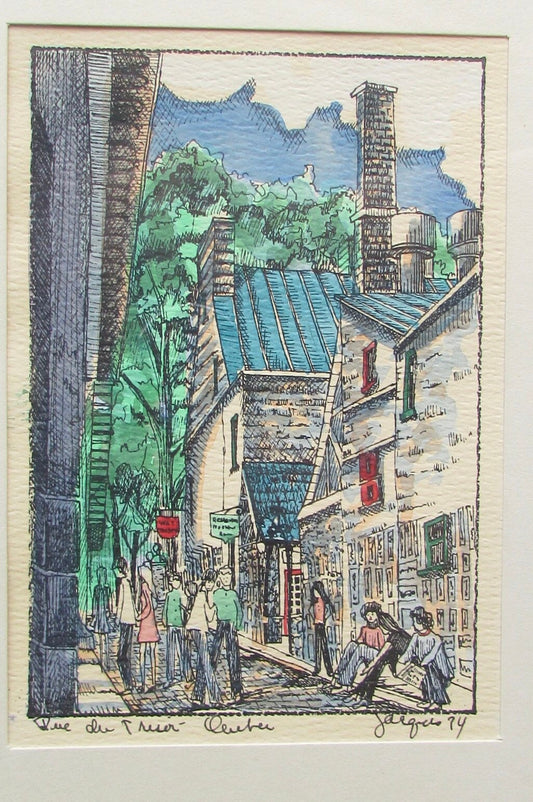 1974 Framed Original Ink & Watercolor – Rue du Trésor Québec City – Signed Vintage Street Scene Art