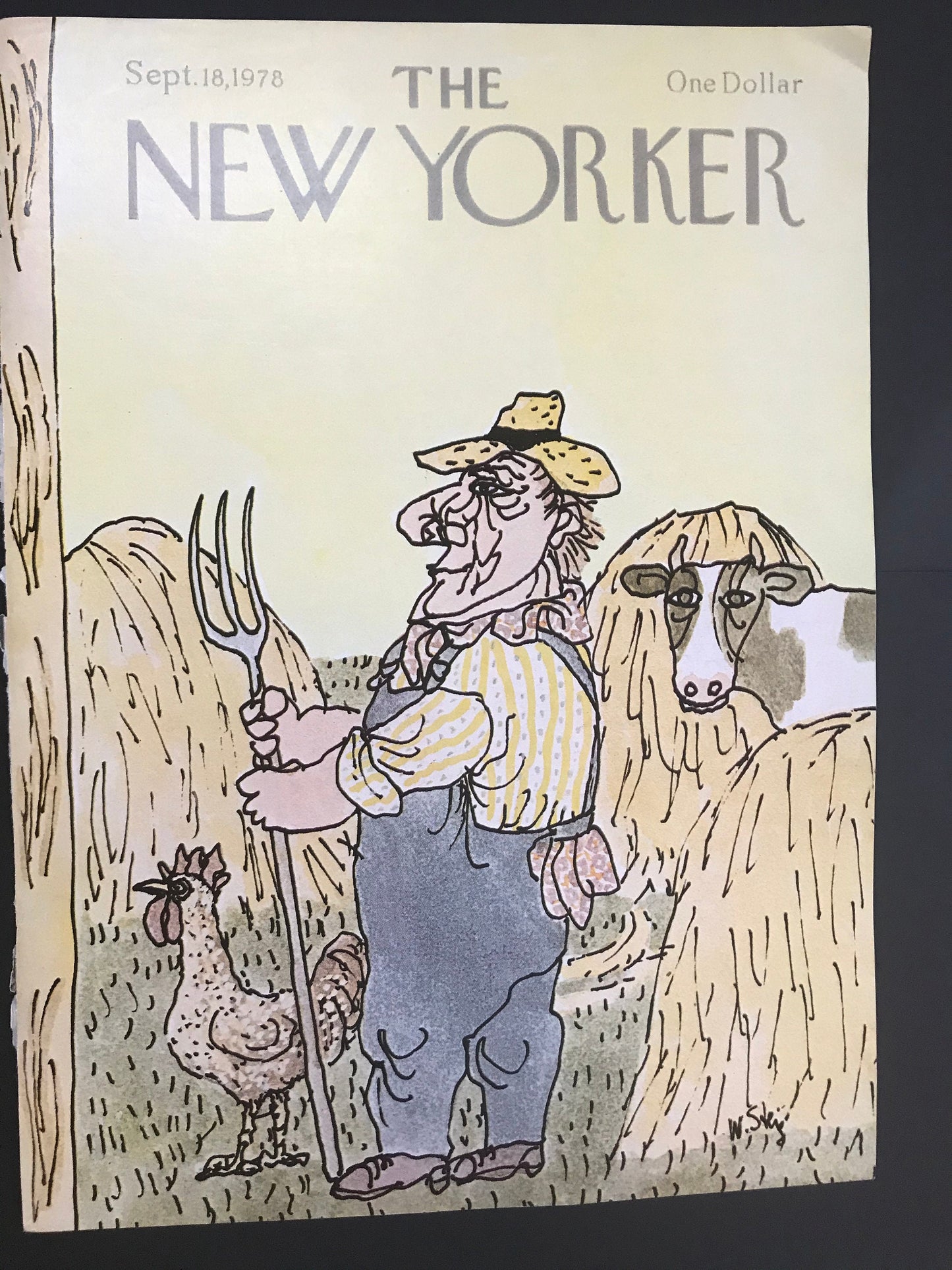 September 18, 1978 - The NEW YORKER Magazine original cover by William Steig - A farmer stands with his rooster and cow in a field of hay