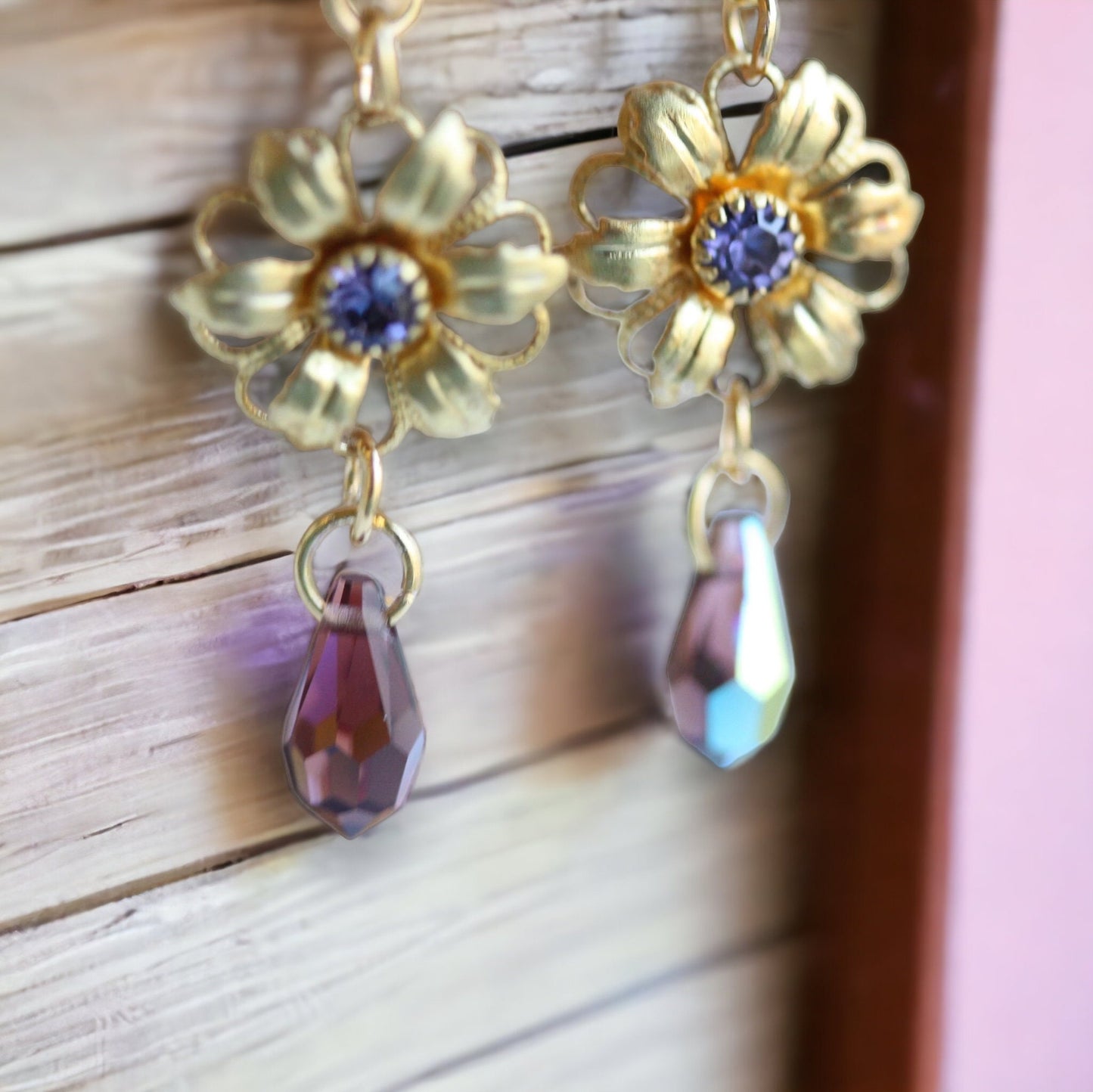 Handmade earrings - made up of vintage & new components - gold flowers with purple rhinestones and crystal dangles