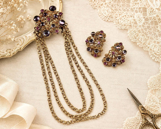 Barrera Avon Jewelry Set Vintage Signed Gold Tone Necklace Earrings