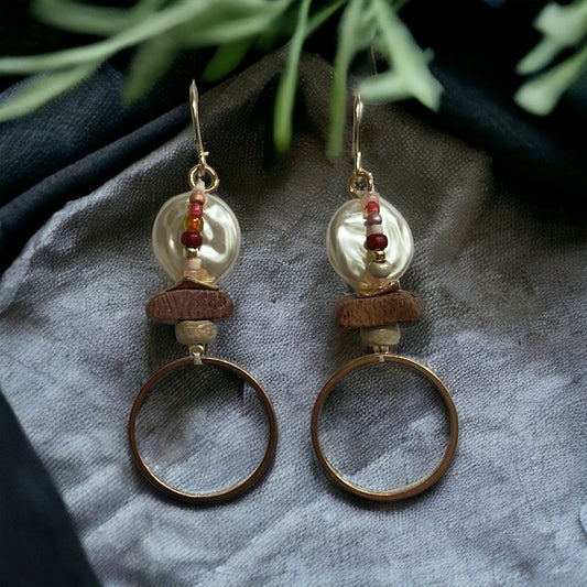 Multi material hoop earrings - layered wood, faux pearl, coral and shades of cream/brown glass seed beads, goldtone metal hoops