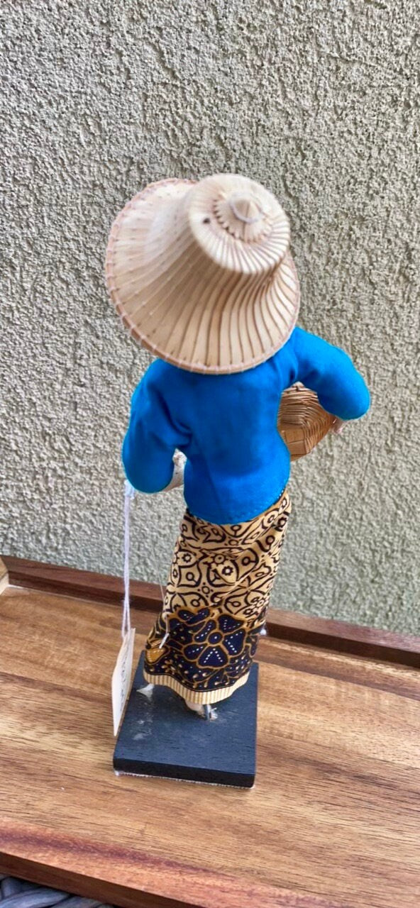 Stunning vintage collectible doll figurine - made in Thailand - woman in straw hat with a basket, blue top, orange buttons, handmade skirt