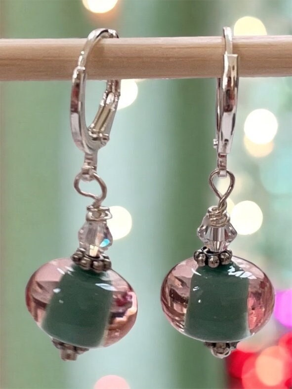 Stunning celadon green and clear glass huggie dangle earrings