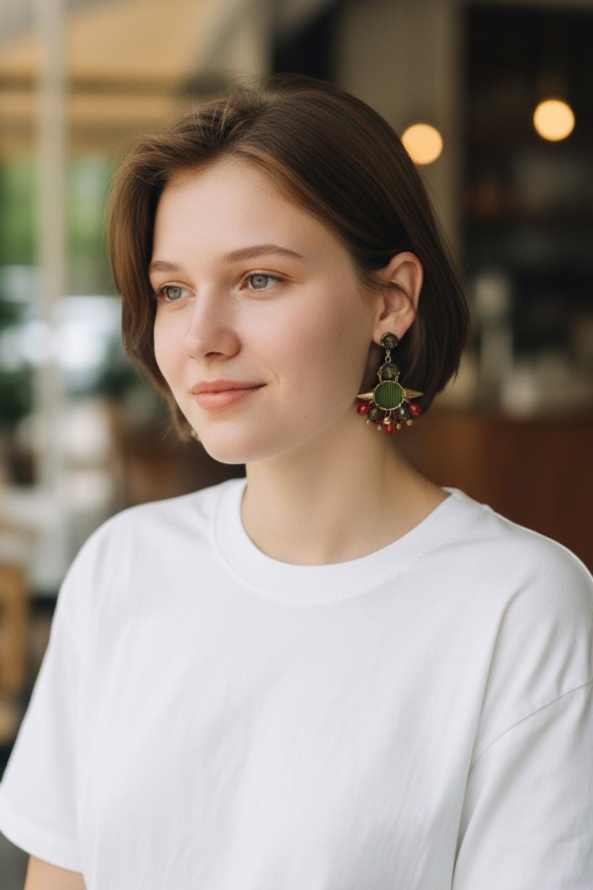 Handmade Mixed-Material Christmas Earrings – Green and Red - includes Fabric, Metal, Faux Crystal and Glass - Holiday Dangles