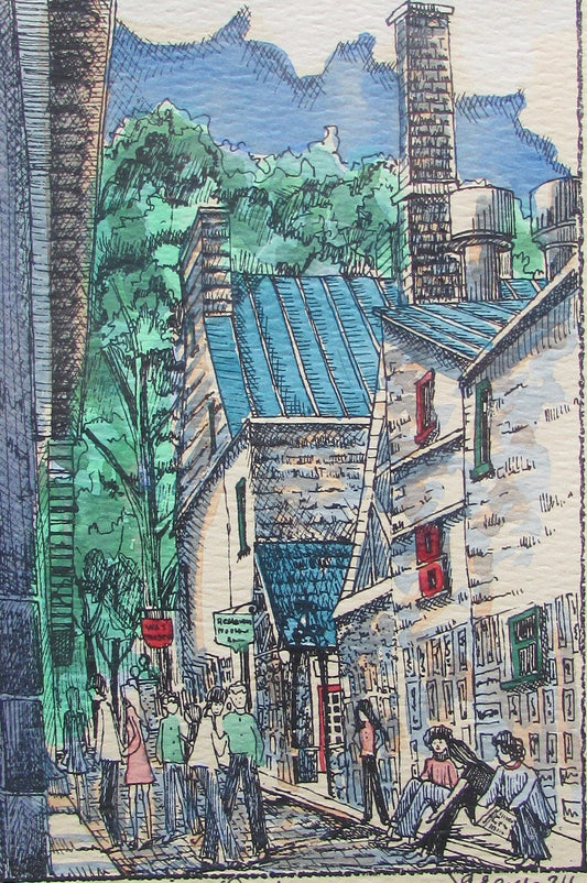1974 Framed Original Ink & Watercolor – Rue du Trésor Québec City – Signed Vintage Street Scene Art
