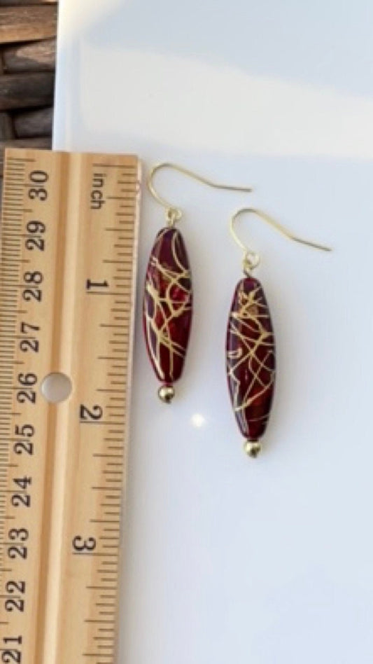 Handmade earrings with upcycled vintage red and gold swirled vintage oval dangles - perfect for the Christmas holidays