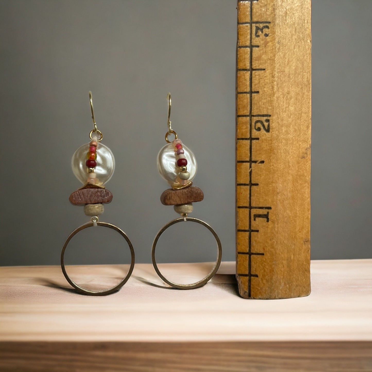 Multi material hoop earrings - layered wood, faux pearl, coral and shades of cream/brown glass seed beads, goldtone metal hoops