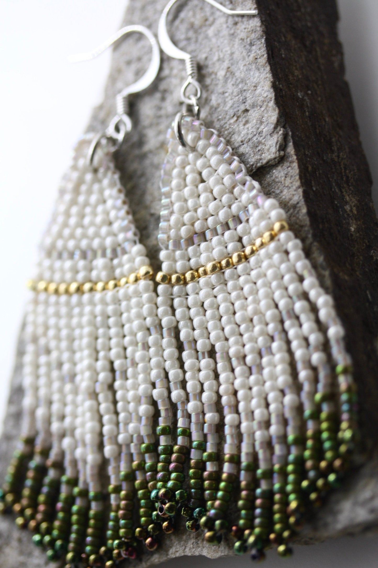 Hand beaded Native-American-Style stunning dangle beadwork earrings - shades of green and white with touches of silver crystal and gold