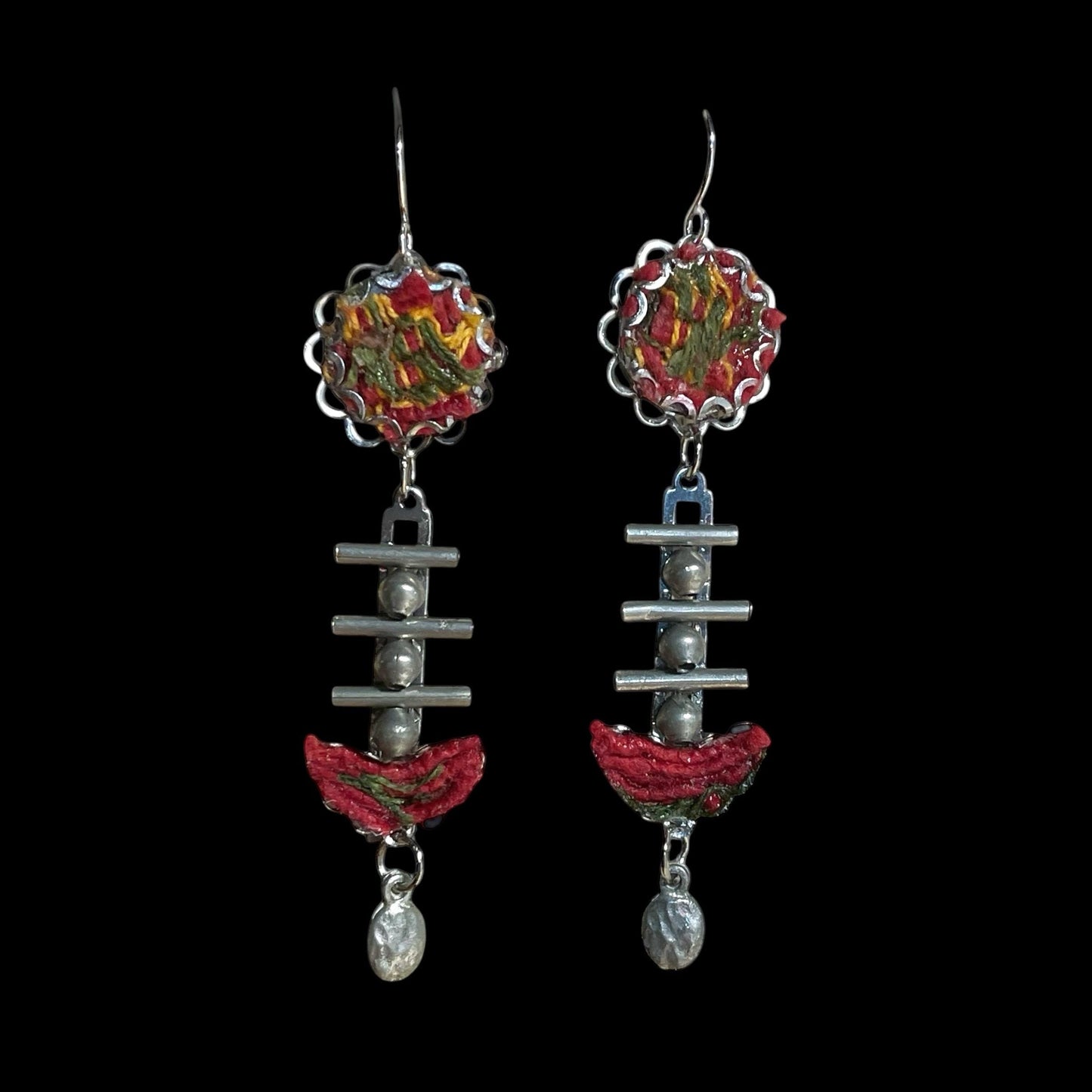 Red, yellow and olive green mixed media collage earrings with fabric, thread, mixed metals and hammered drops; Sterling silver ear wires