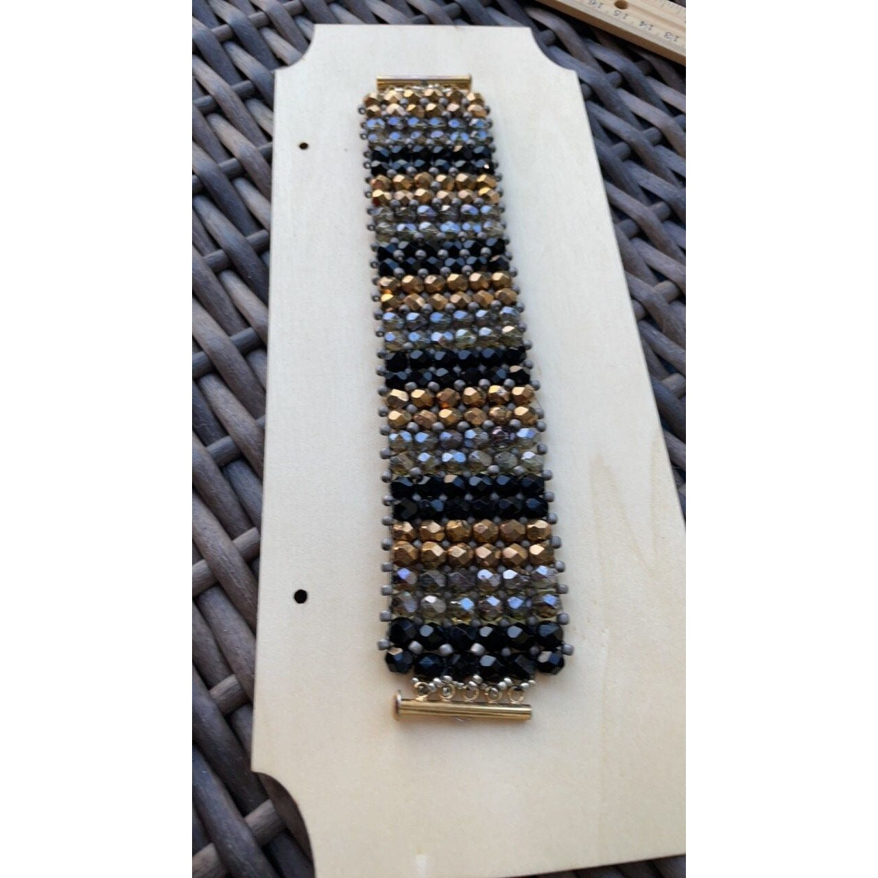 Black, silver and copper crystals absolutely stunning bead woven vintage bracelet - beadwork bracelet