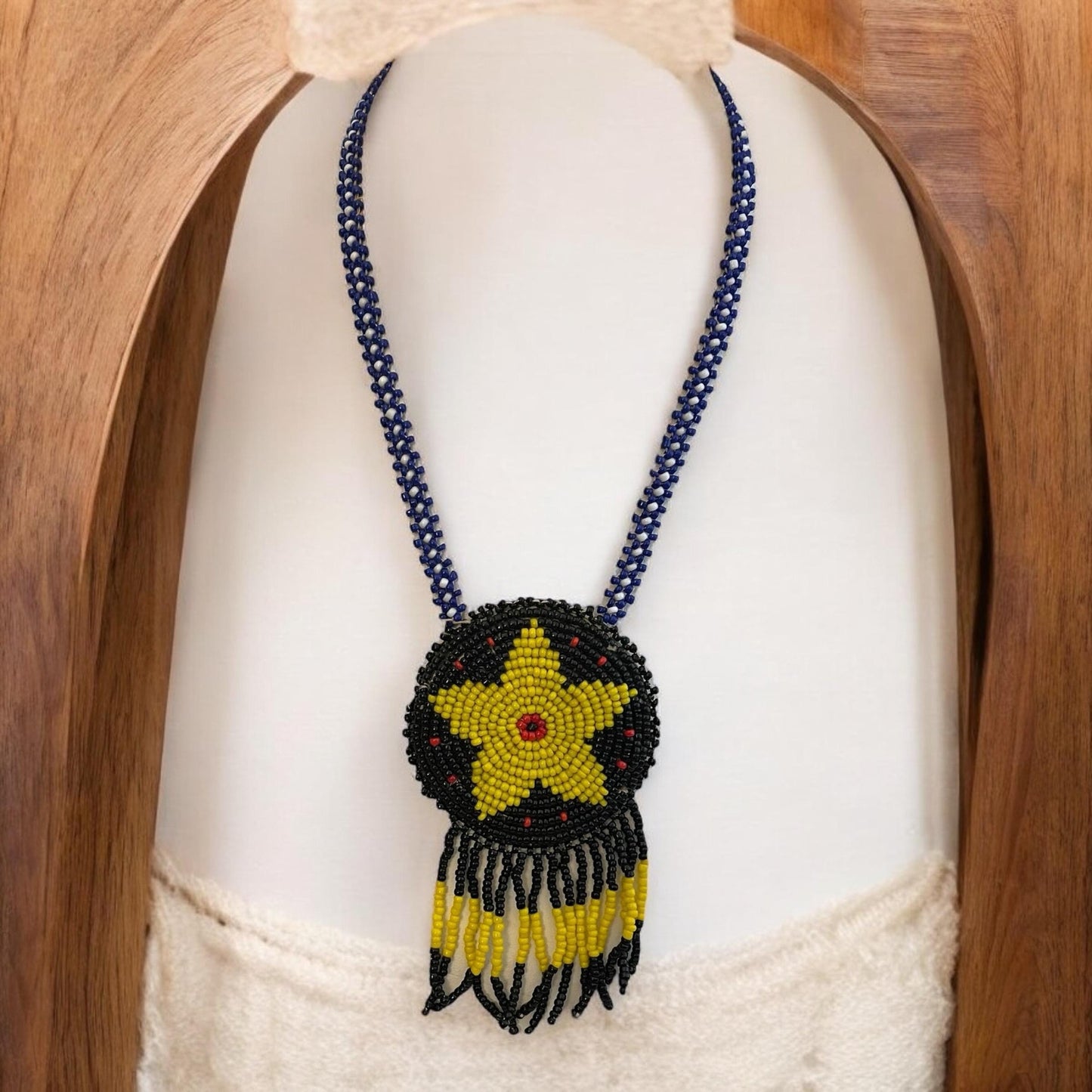 Native American style seed bead beadwork yellow, black and red stunning necklace