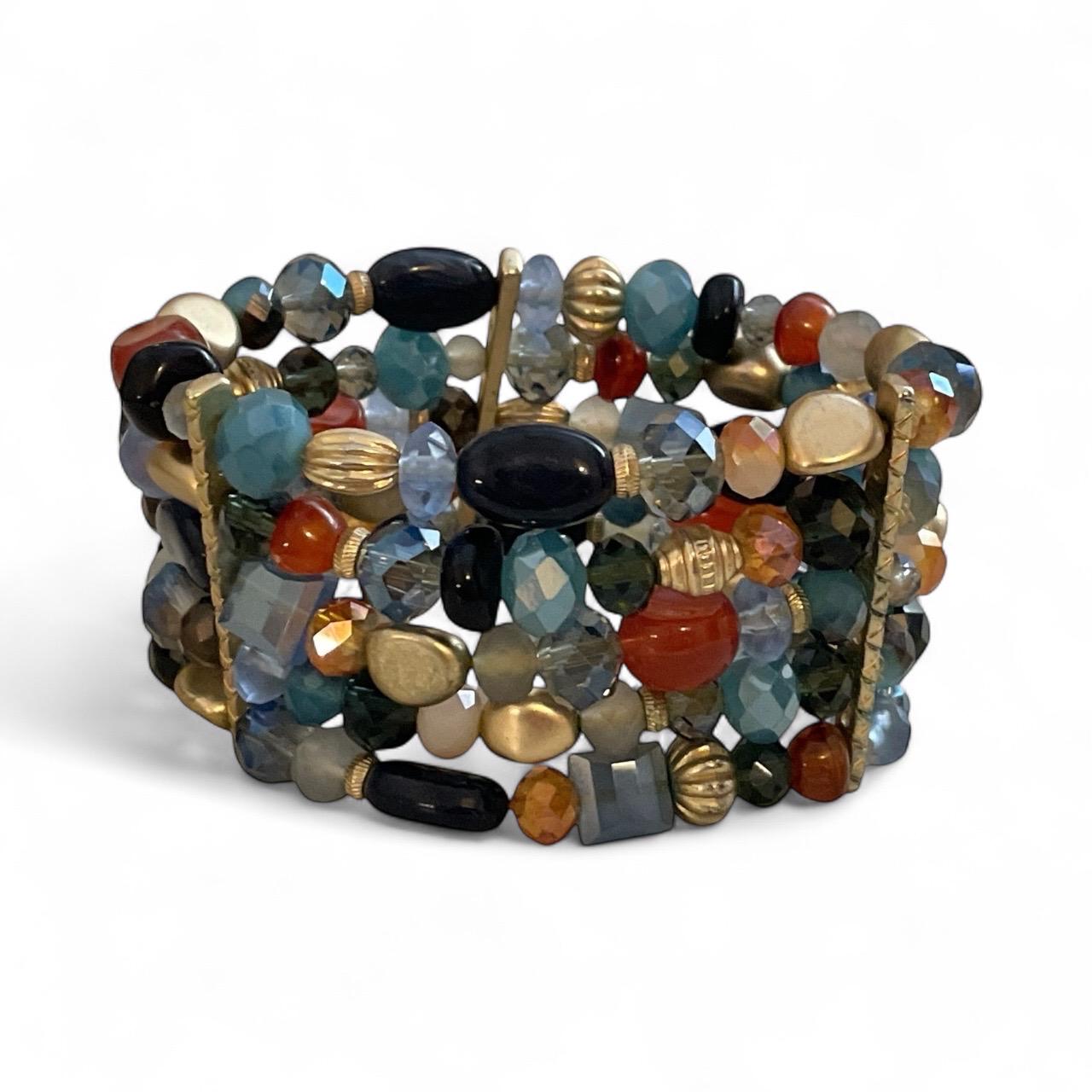 Vintage 5-Strand Memory Wire Beaded Bracelet – Crystal, Metal & Mixed Materials Adjustable Jewelry