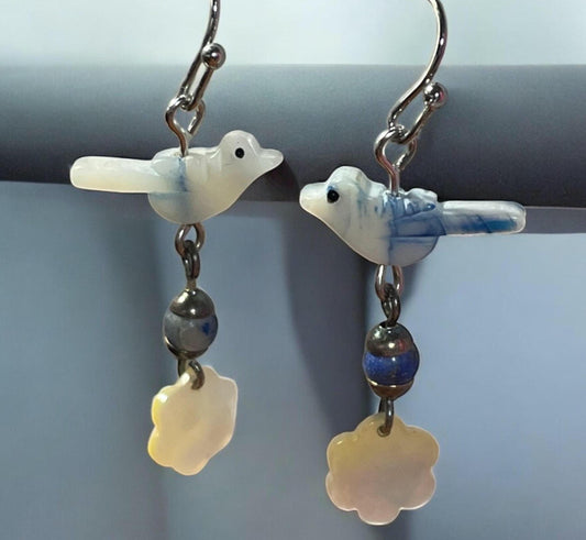 Mother of Pearl Bird Earrings with Blue Glass & Metal Spacers, trimmed with floral mother of pearl | Nature-Inspired Boho Jewelry Gift