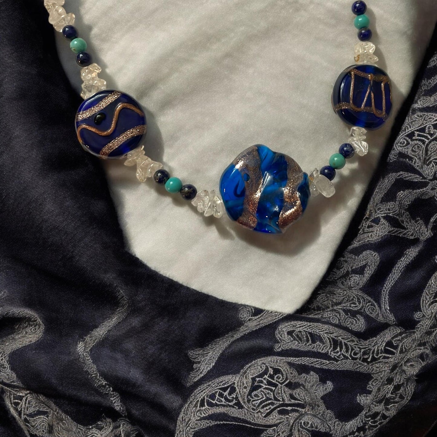 Cobalt blue art glass beaded necklace with semi precious stone chips, black tubes and turquoise/black beads