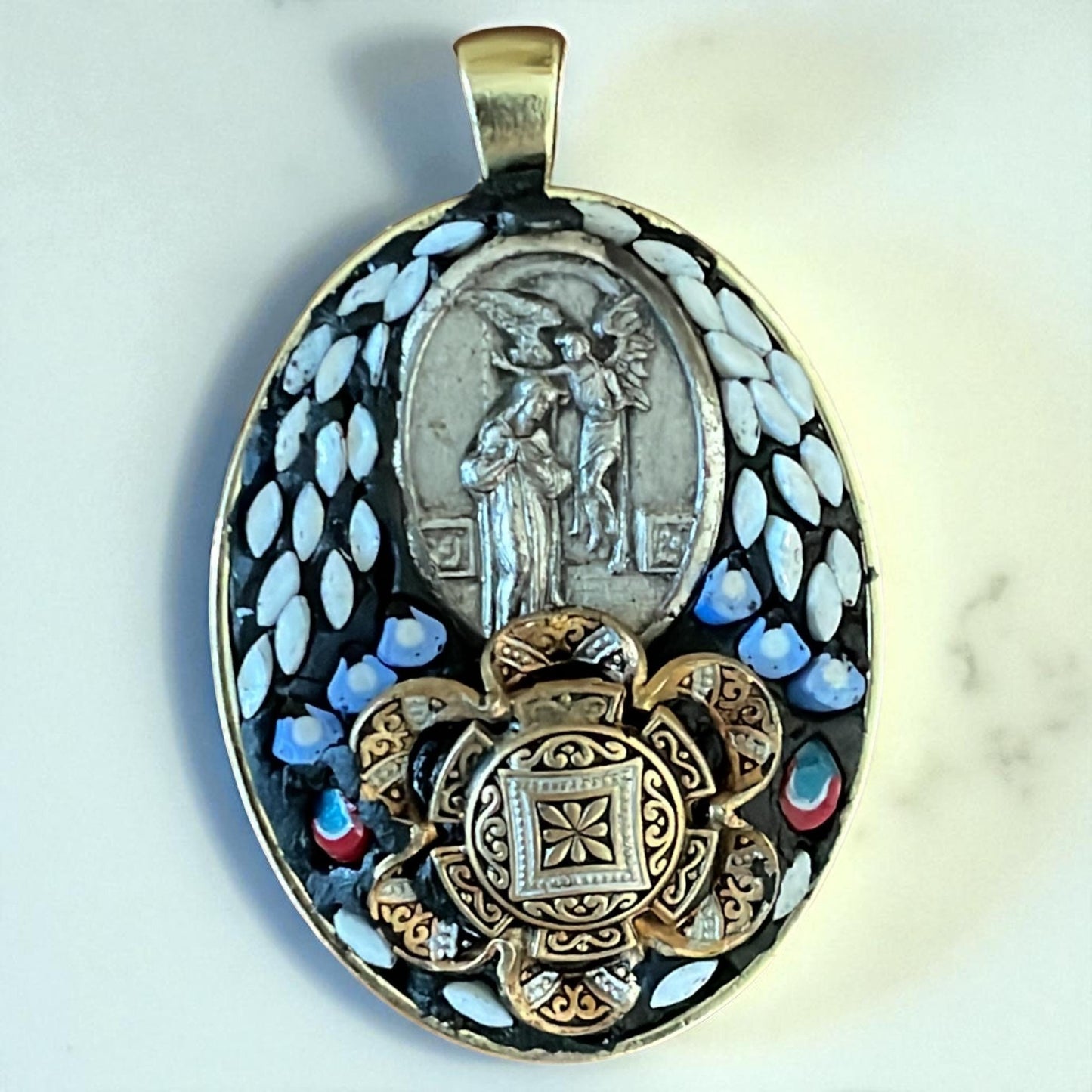 Handmade Micro Mosaic Oval Necklace – Vintage Christian Pendant and Damascene surrounded by hand cut Inlaid Glass Mosaic – Mixed Media