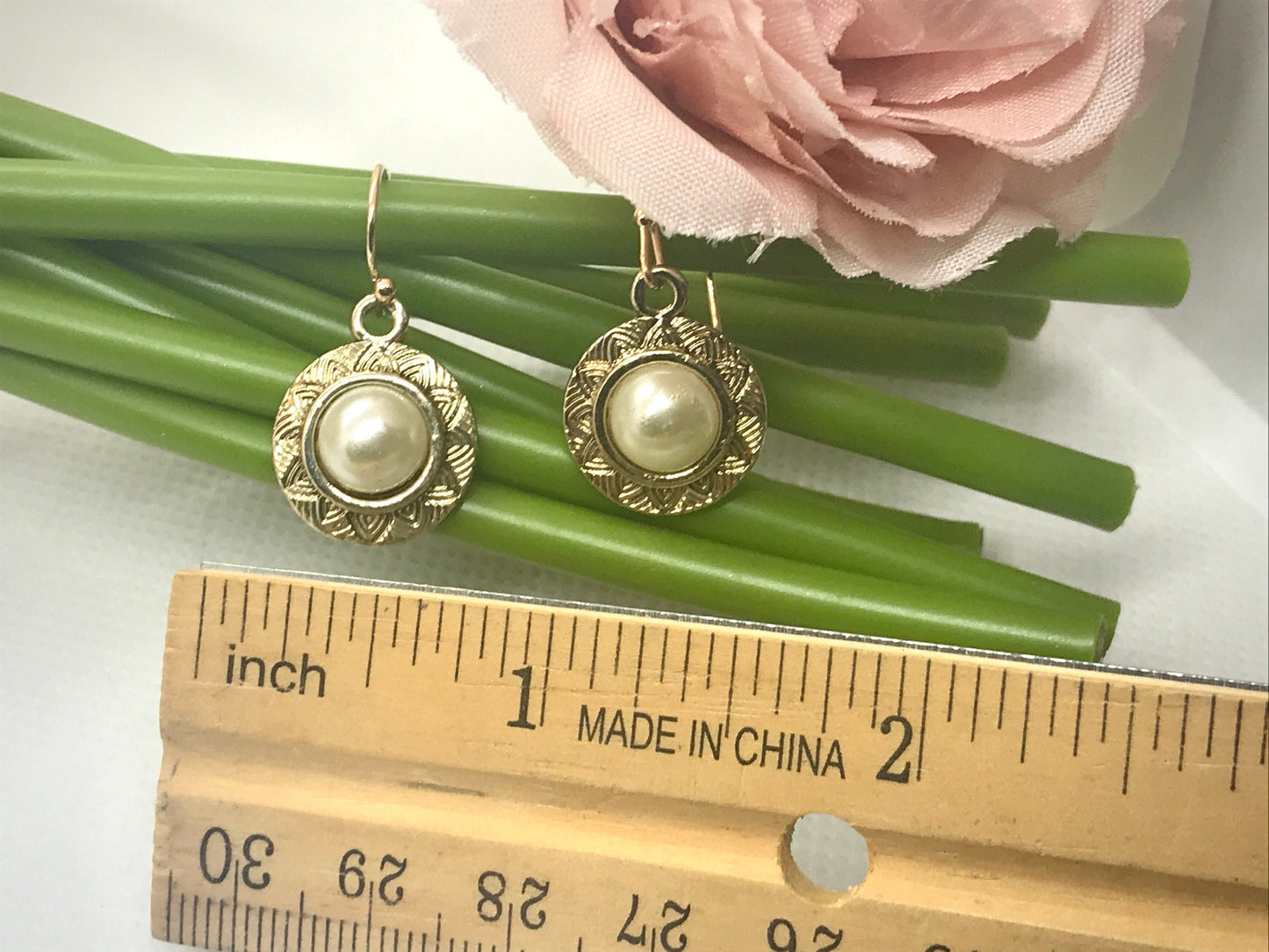 Handmade earrings with upcycled faux pearls