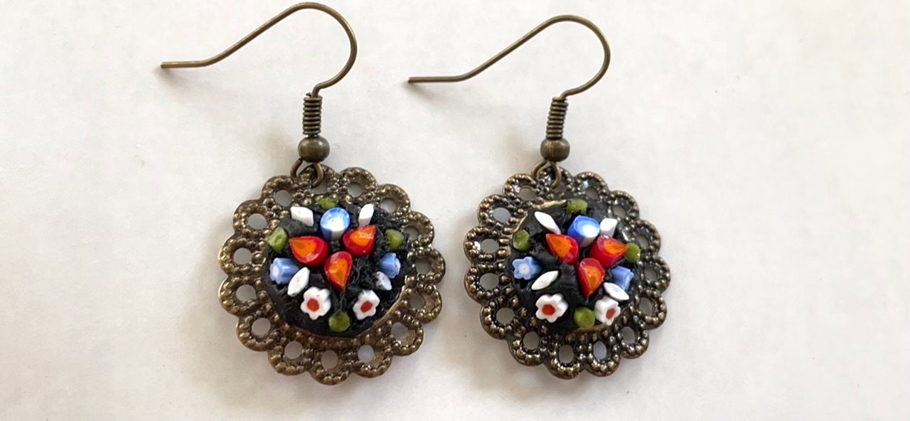 My own handmade Italian style round inlaid micro mosaic glass earrings