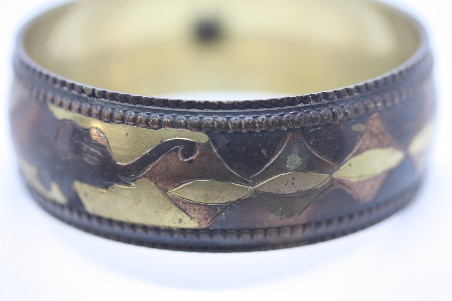 Brass Copper Bronze Elephant Bangle Bracelet – Mixed Metal Boho Jewelry, Safari Animal Cuff, Tribal Style Statement Bracelet