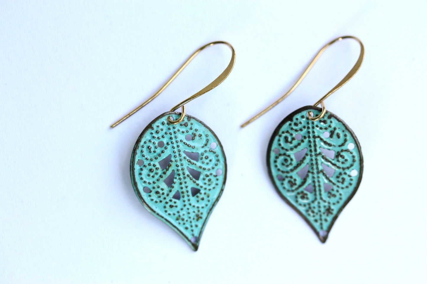 Turquoise patina upcycled dangle leaf earrings
