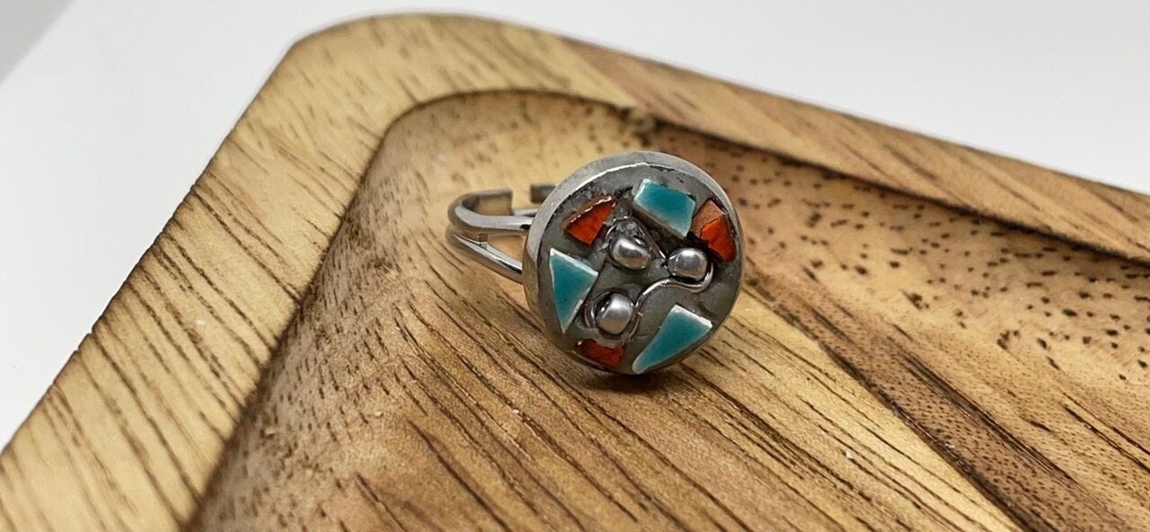 Handmade mosaic adjustable ring - Italian inspired - inlaid hand cut glass tile with wire and metallic seed beads