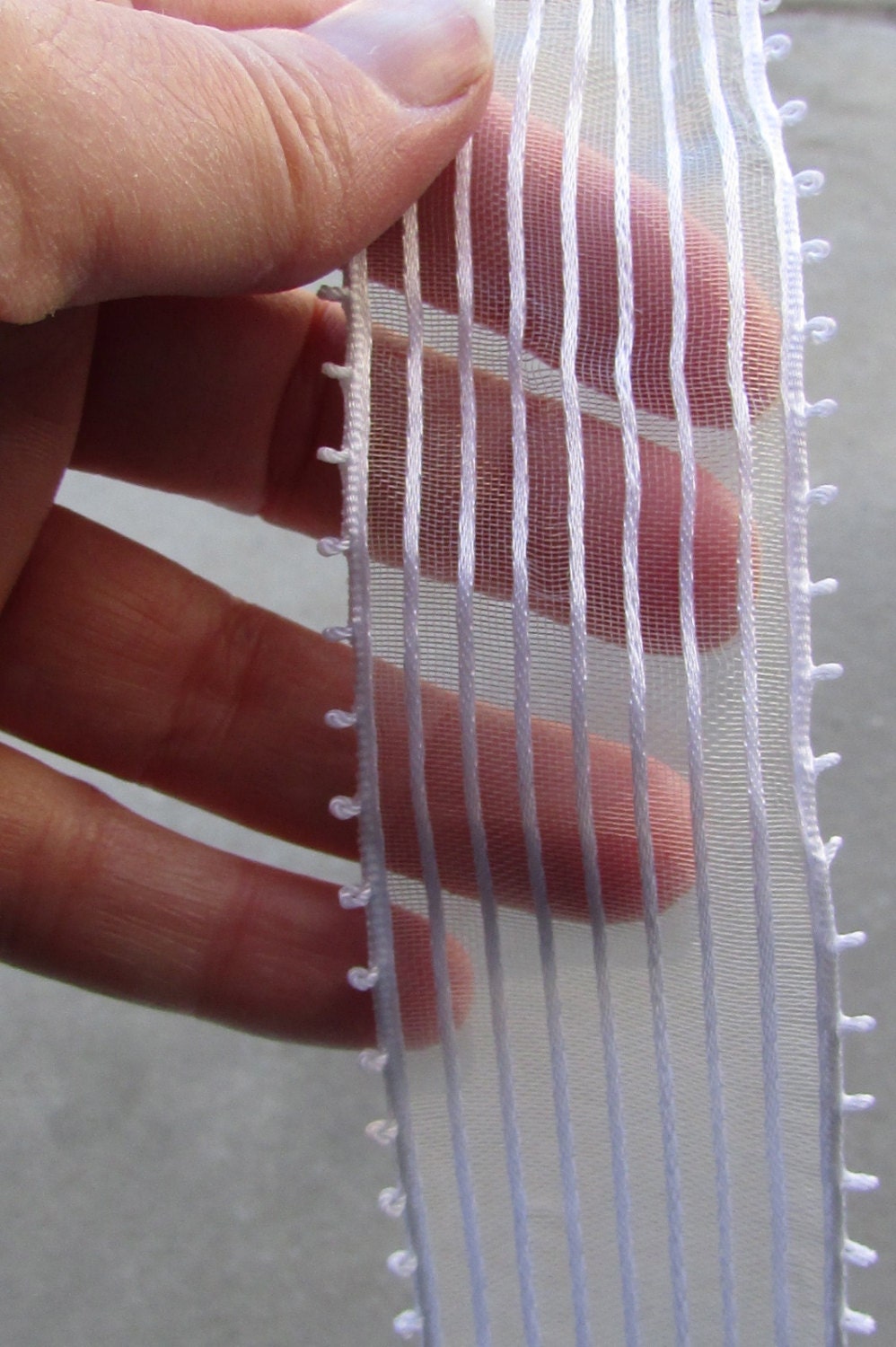 Vintage white striped ribbon/lace/trim sheer with satin stripes… 1 and one-half inches wide - by the yard