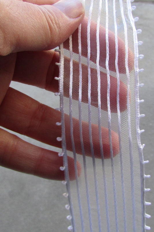 Vintage white striped ribbon/lace/trim sheer with satin stripes… 1 and one-half inches wide - by the yard