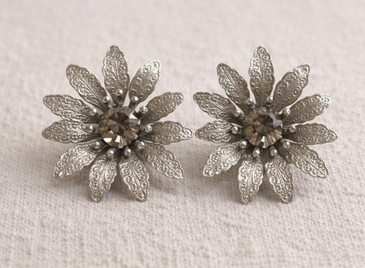 Vintage Judy Lee Rhinestone Flower Clip Earrings Silver Tone Floral Statement Mid Century Designer Signed Retro 1950s 1960s Jewelry