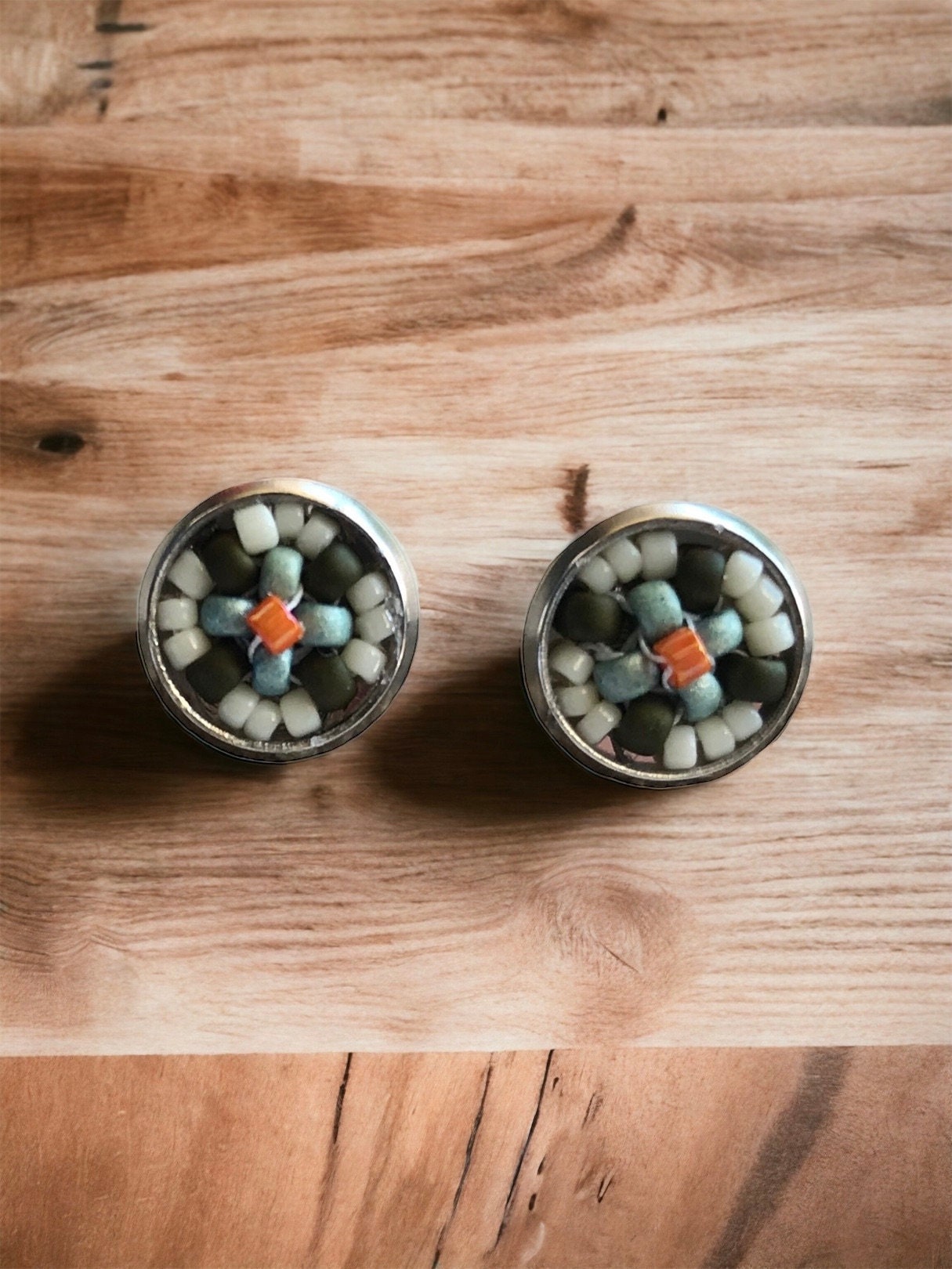 Tiny little stud earrings - approx. 8 mm intricate beadwork - turquoise and olive green