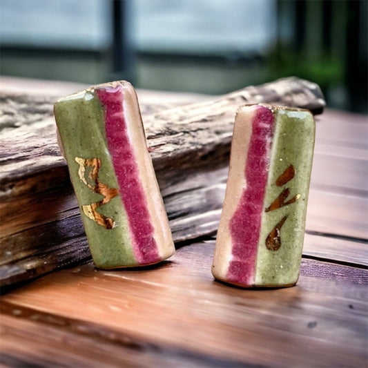 Vintage pottery ceramic earrings - red, green and gold glaze on clay