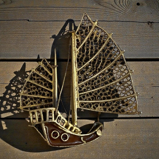 Vintage 800 Silver Filigree Sailboat Pin – Signed 800 • Intricate Asian Junk Ship Brooch • Collectible Sterling-Grade Maritime Jewelry