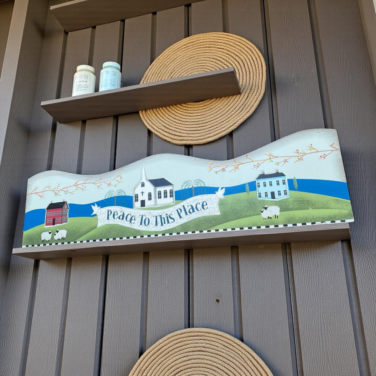 Folk Art Wooden Wall Plaque – “Peace to This Place” Country Village Scene with Sheep & Church – Primitive Farmhouse Decor