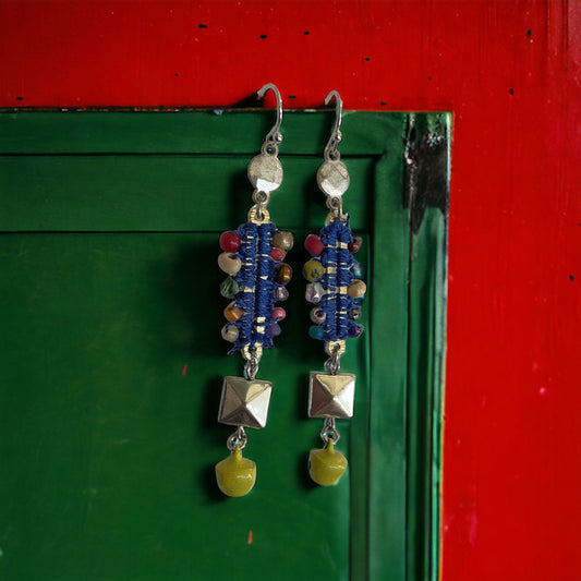Mixed material collage earrings - metal, string, glass, and mustard yellow tiny bells