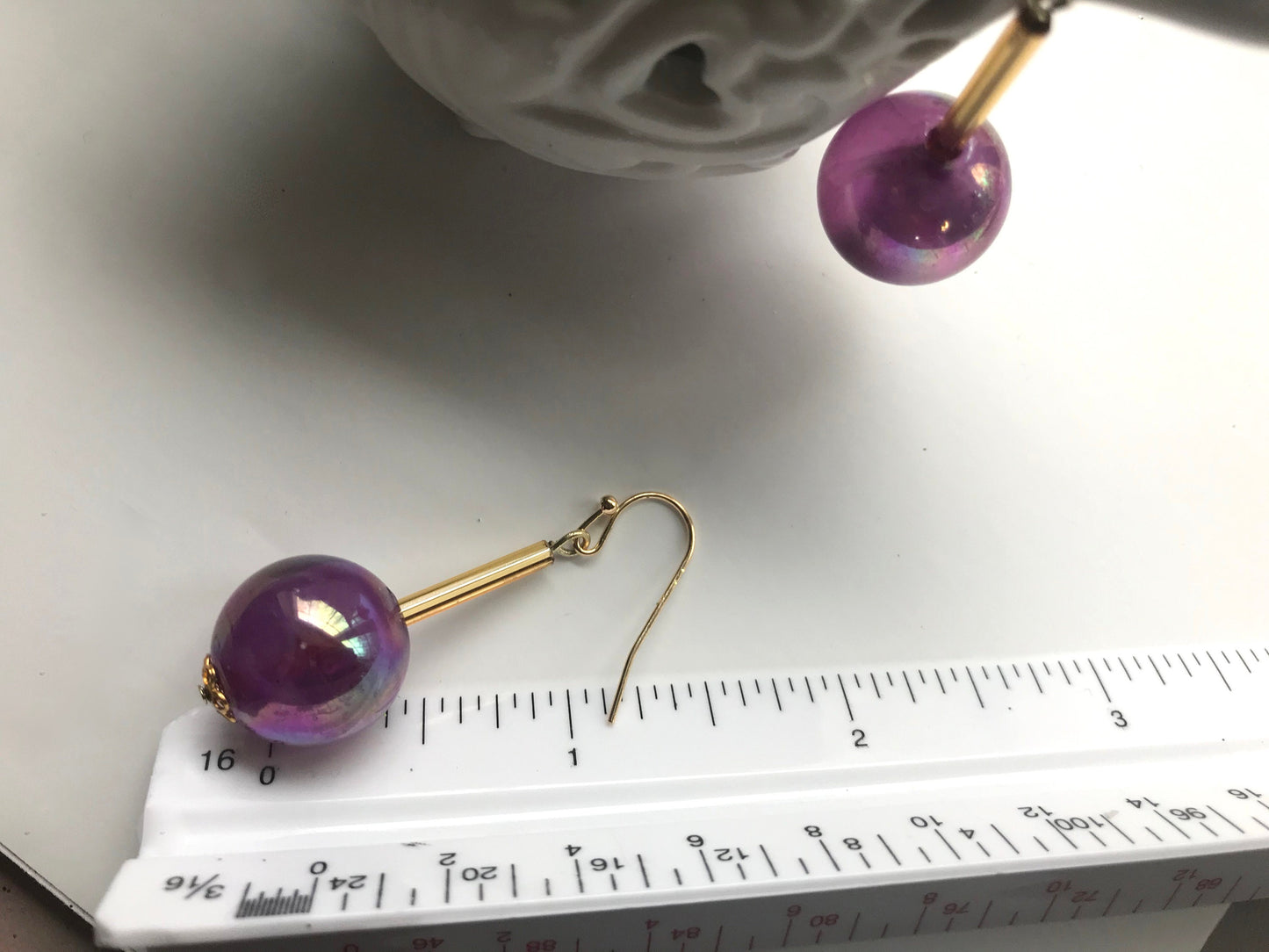 Handmade earrings with upcycled vintage purple glass ball dangles and goldtone glass bugle beads