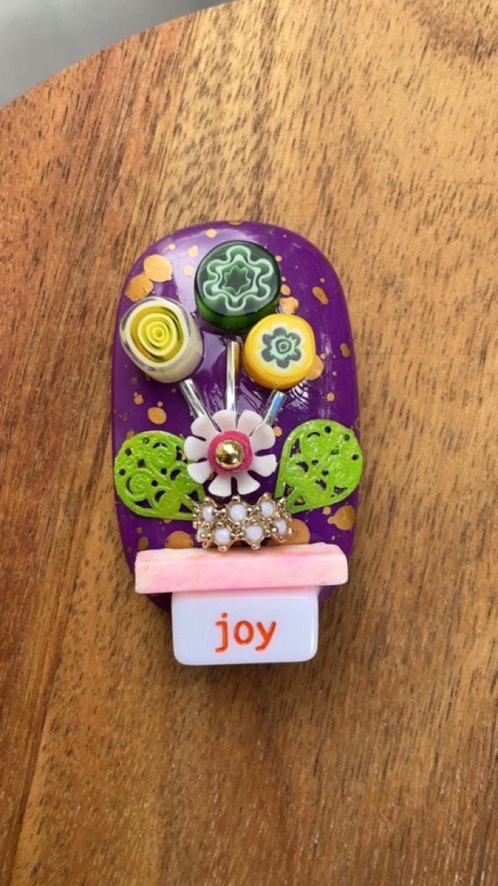 Handmade, one-of-a-kind assemblage art - flower bouquet - can be ordered as a necklace, pin or magnet - with or without words