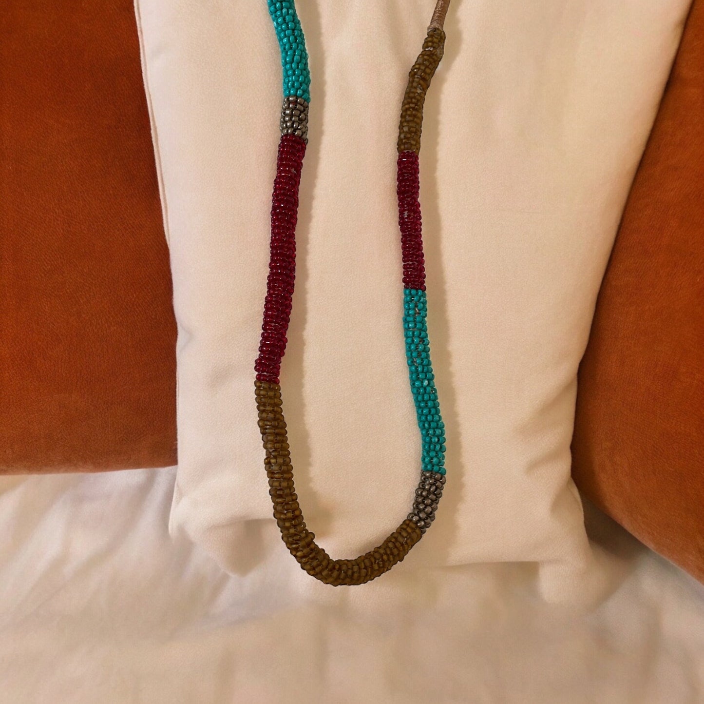 Stunning silk wrapped earth tone beaded long vintage necklace
