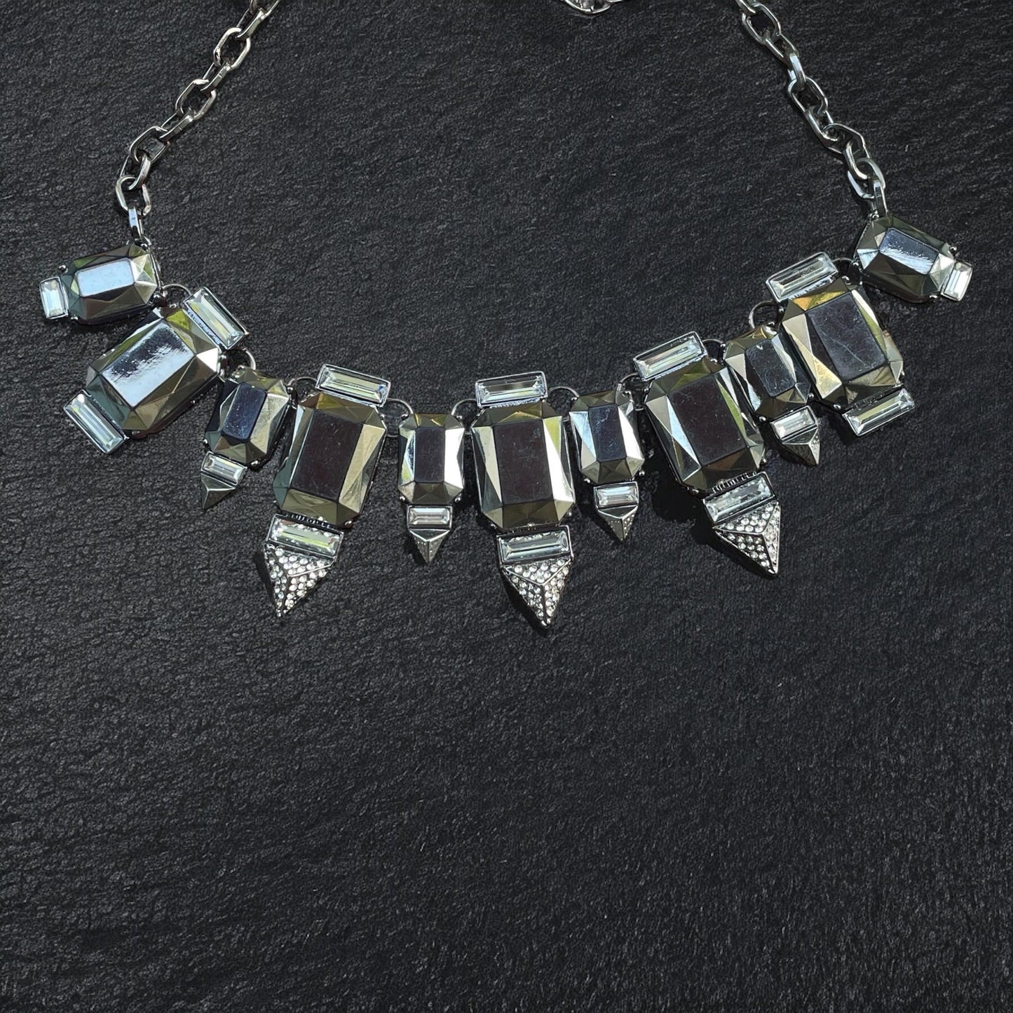 RJ Graziano Statement Necklace, Gunmetal Crystal Bib Necklace with pave rhinestones, Art Deco style Chunky Silver Jewelry, Geometric Glam
