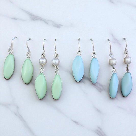 Simple upcycled seafoam green, blue and pearl dangle earrings
