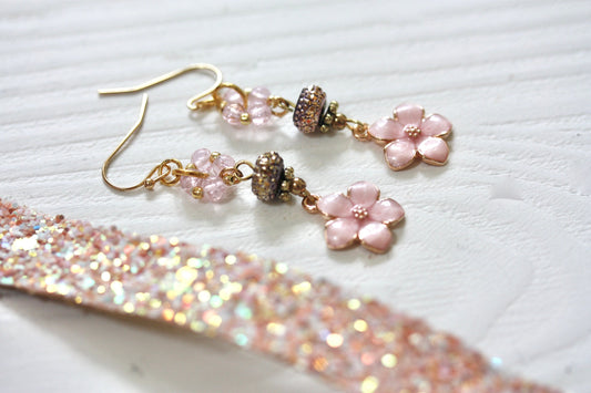 Handmade mixed material light pink enamel flower drop dangle earrings