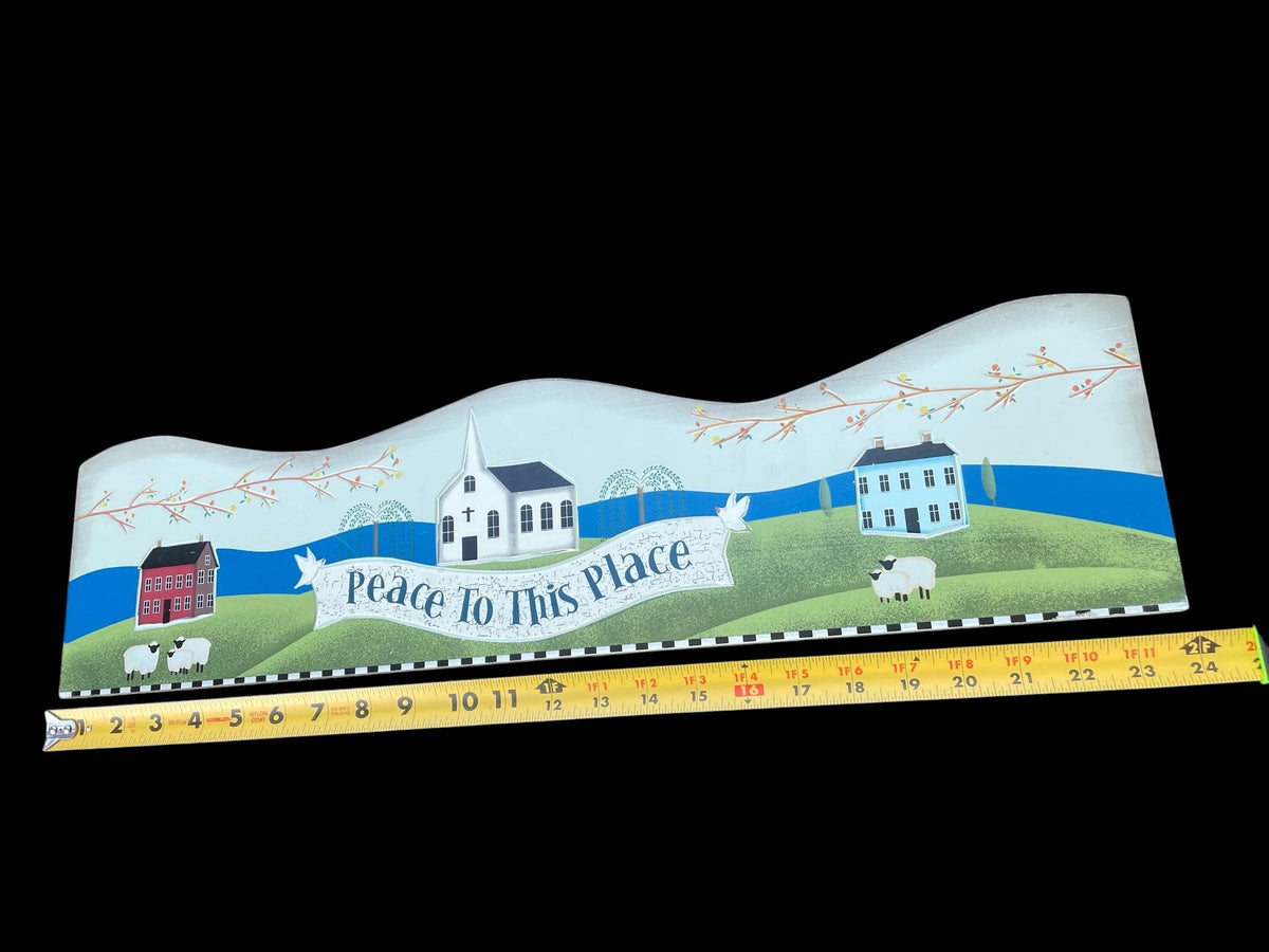 Folk Art Wooden Wall Plaque – “Peace to This Place” Country Village Scene with Sheep & Church – Primitive Farmhouse Decor