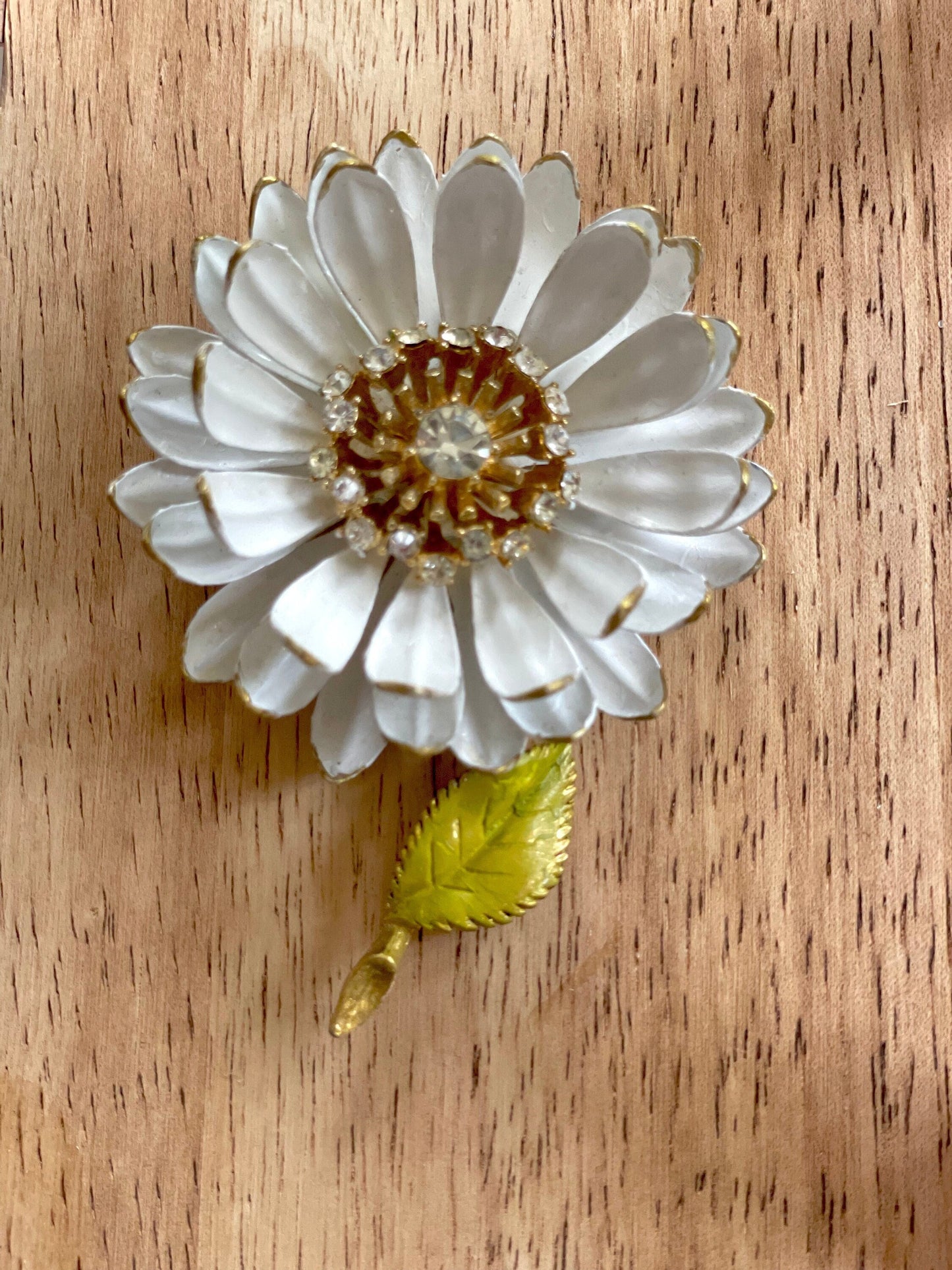 Revised, Modernized, Upcycled - hand made / hand painted one-of-a-kind mixed media vintage white flower pin with rhinestones