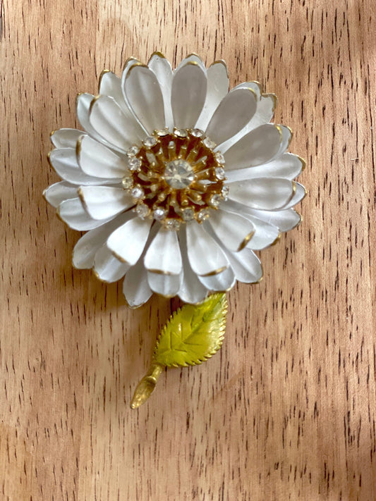 Revised, Modernized, Upcycled - hand made / hand painted one-of-a-kind mixed media vintage white flower pin with rhinestones