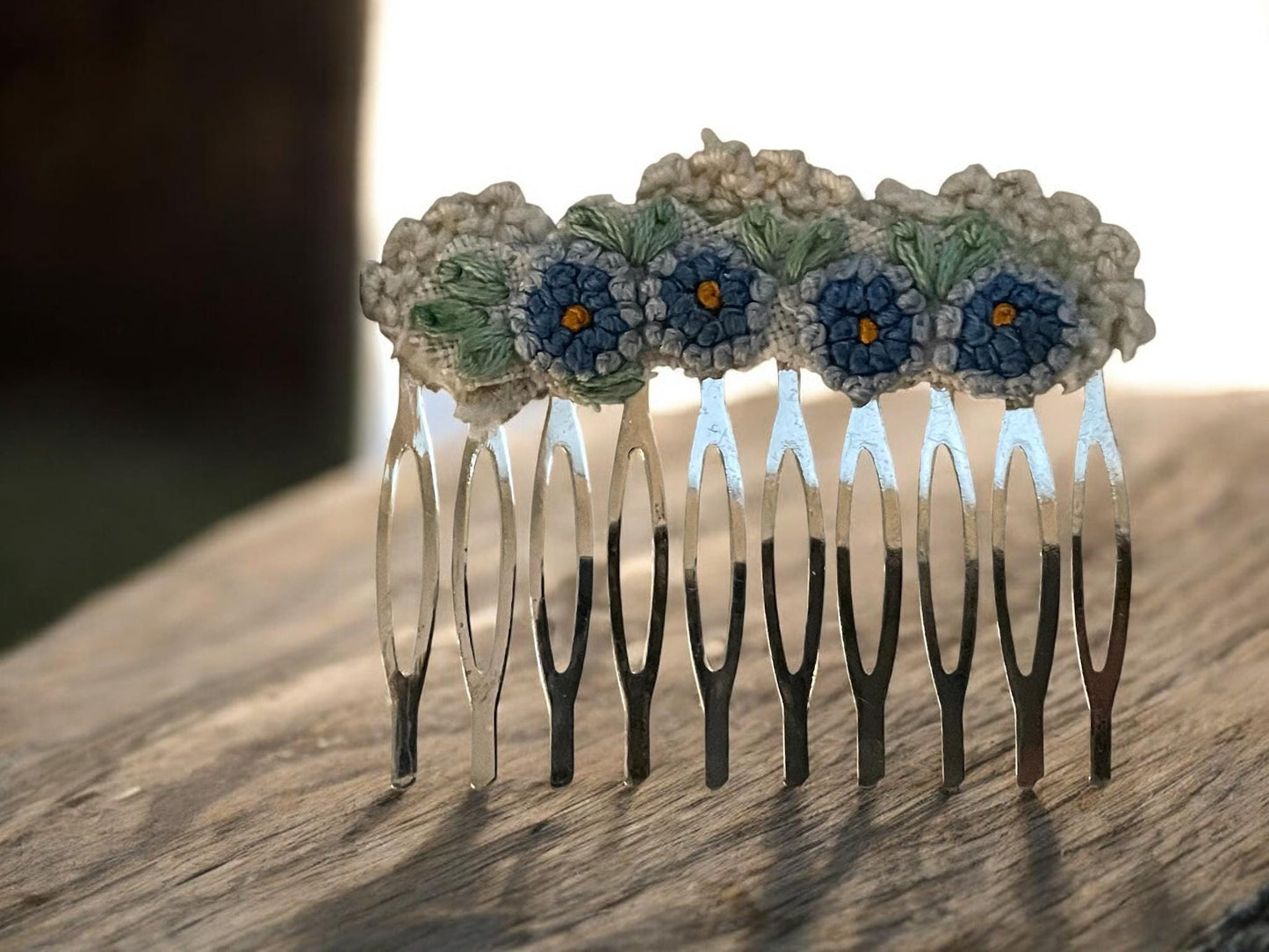 Floral hair comb handmade with embroidery and lace salvaged from vintage linens