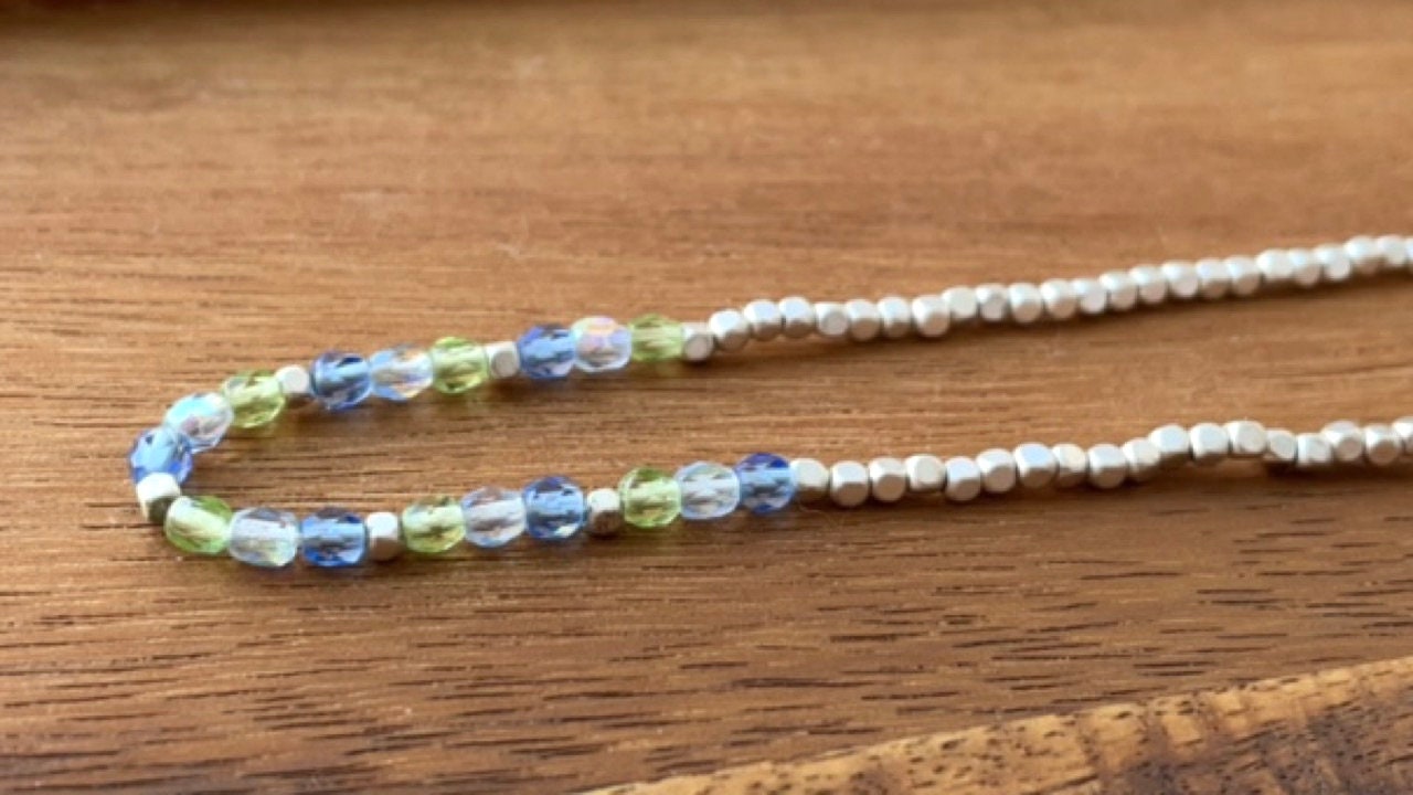 Minimalist necklace - tiny blue and green crystals with tiny silver cubed beads