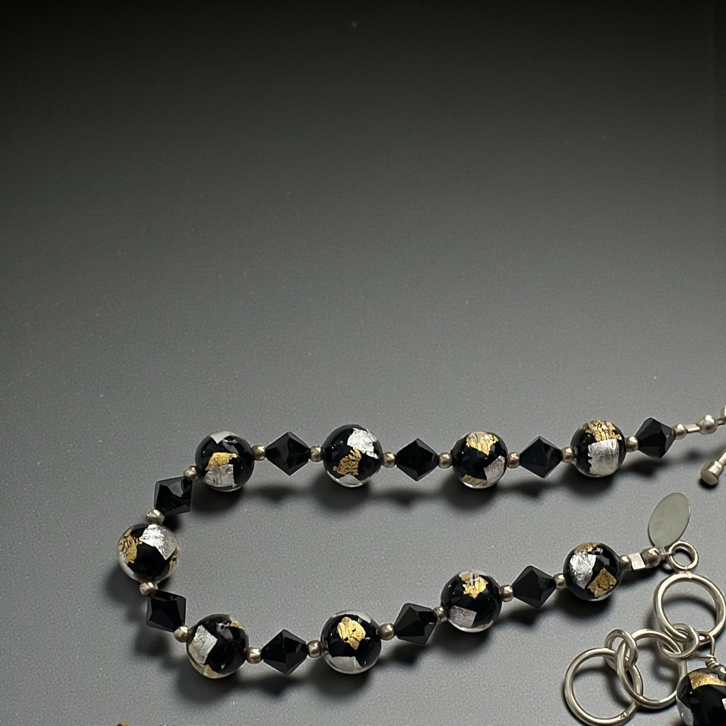 Vintage Lucky Clover brand Murano Glass Bracelet Black Gold Silver Foil Beads, Adjustable 7-8 Inch,m Italian Art Glass Jewelry