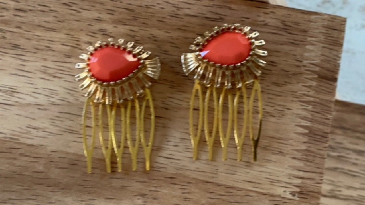 Pair of gold and orange mini metal hair combs - 1" each