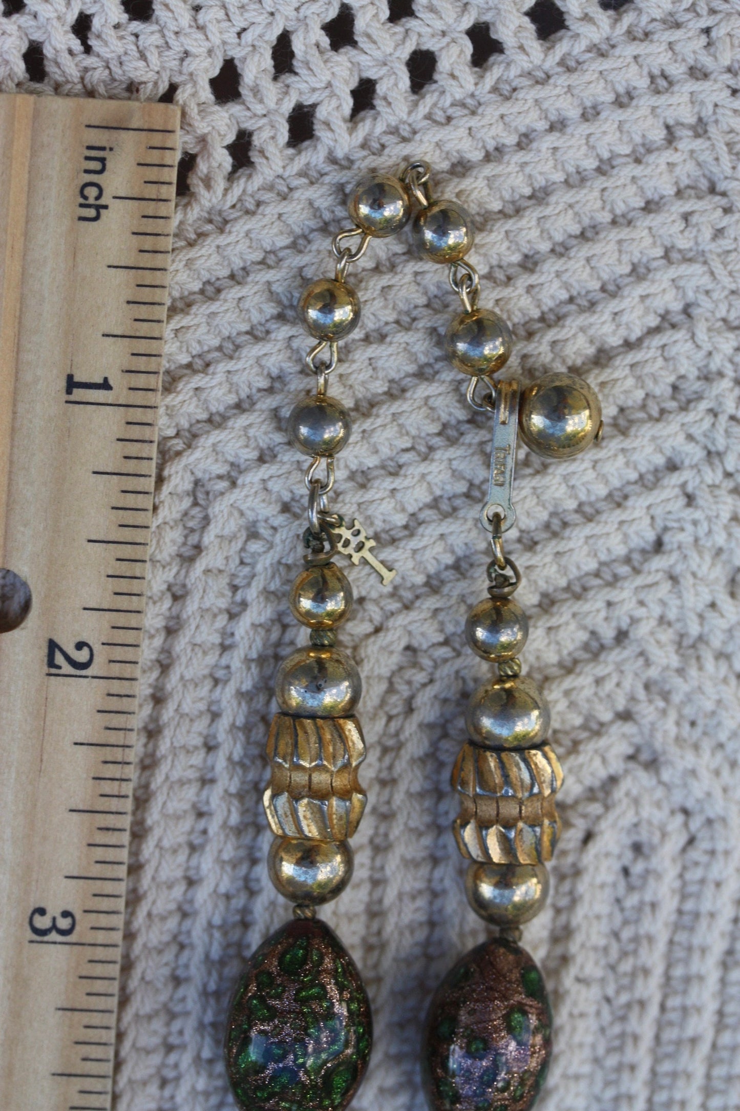 Rare Crown Trifari 1950's Murano Glass Beaded Etruscan Style Necklace - green and gold